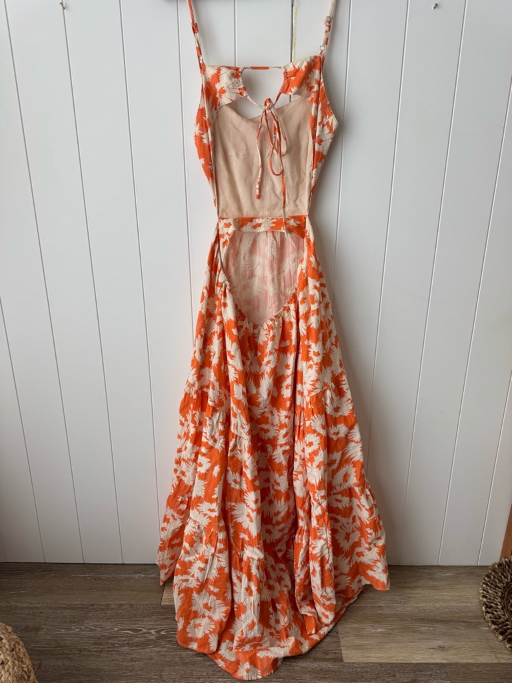 Olivaceous Orange White Floral Cut Out Side Tie Maxi Dress Sleeveless Large - Picture 4 of 7